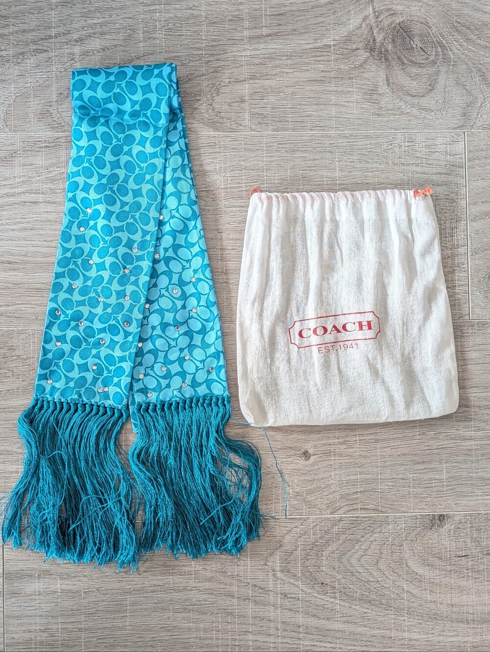 NWOT Coach Y2K Silk Monogram Blue Embellished Tassel Scarf